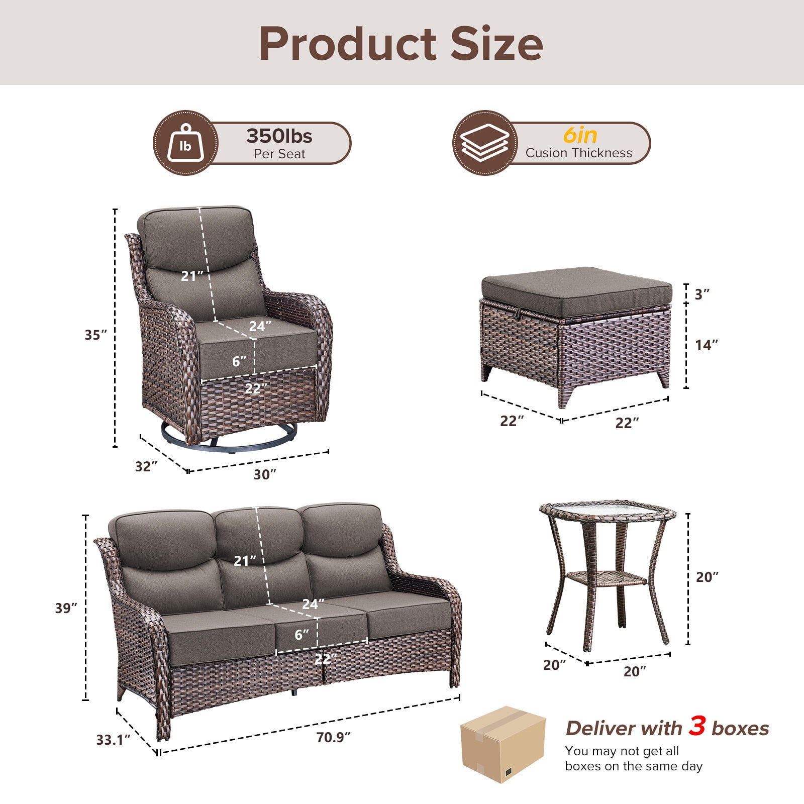 Bellefurn 6 Pieces Luxury Outdoor Patio Furniture Sets Outdoor Conversation Sets with Swivel Rocker Patio Chairs with 6" Thick Cushion,Sofa and Glass Coffee Table for Porch Deck Backyard Poolside