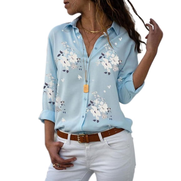 Blusa de manga larga con solapa para mujer Camisa con tops de estilo suelto con estampado floral para niñas kenally FS11378-19