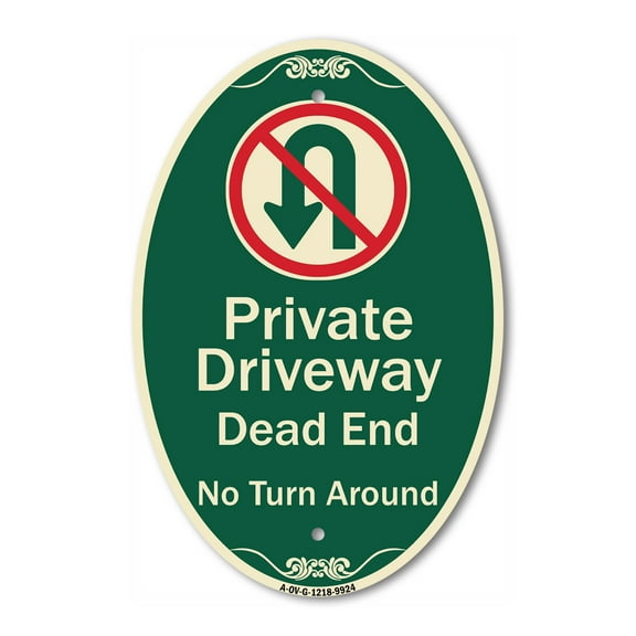 SignMission Designer Oval Series Sign - Private Driveway Dead End No Turn Around With Symbol | Green & Tan 12" X 18" Heavy-Gauge Aluminum Architectural Sign | Made in the USA
