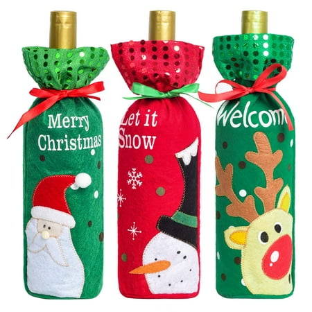 Coolmade 3 Pack Christmas Wine Bottle Cover, Holiday Wine Bottle Cover Bags, ChristmasTable Decoration for Christmas Party Dinner Decoration Gift, Ideal for Xmas