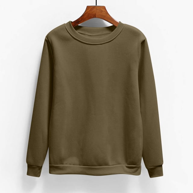 CFLVAEK Chandails Molletonnés pour Femmes Grande Taille pour l'Automne et l'Hiver, Décontractés, Couleur Unie, Chandails à Enfiler Confortables à Col Rond, Manches Longues, Chandails pour Sortir, Vert Armée, m