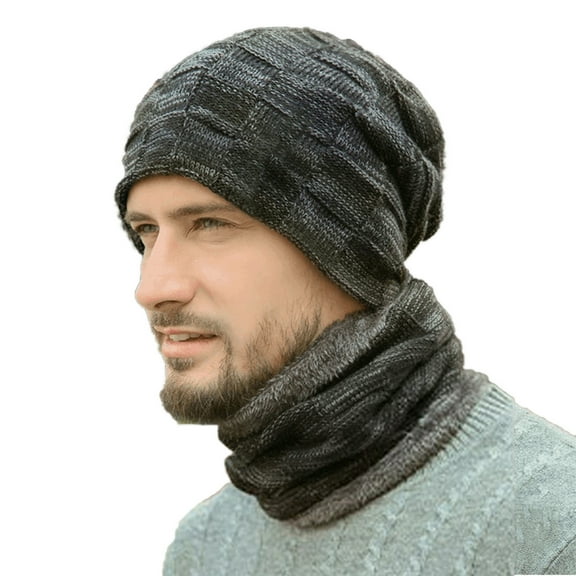 Men Winter Beanie Hats Scarf Set Warm Knit Hats Skull Cap Neck Warmer with Thick Fleece Lined Scarf