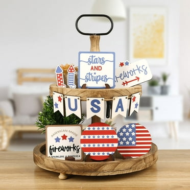 Peacheart 14 Pcs 4th of July Tiered Tray Decor Set, Rustic Red Blue White American Flag Patriotic Wooden Sign for Independence Day Memorial Day Farmhouse Home Tiered Tray Decor