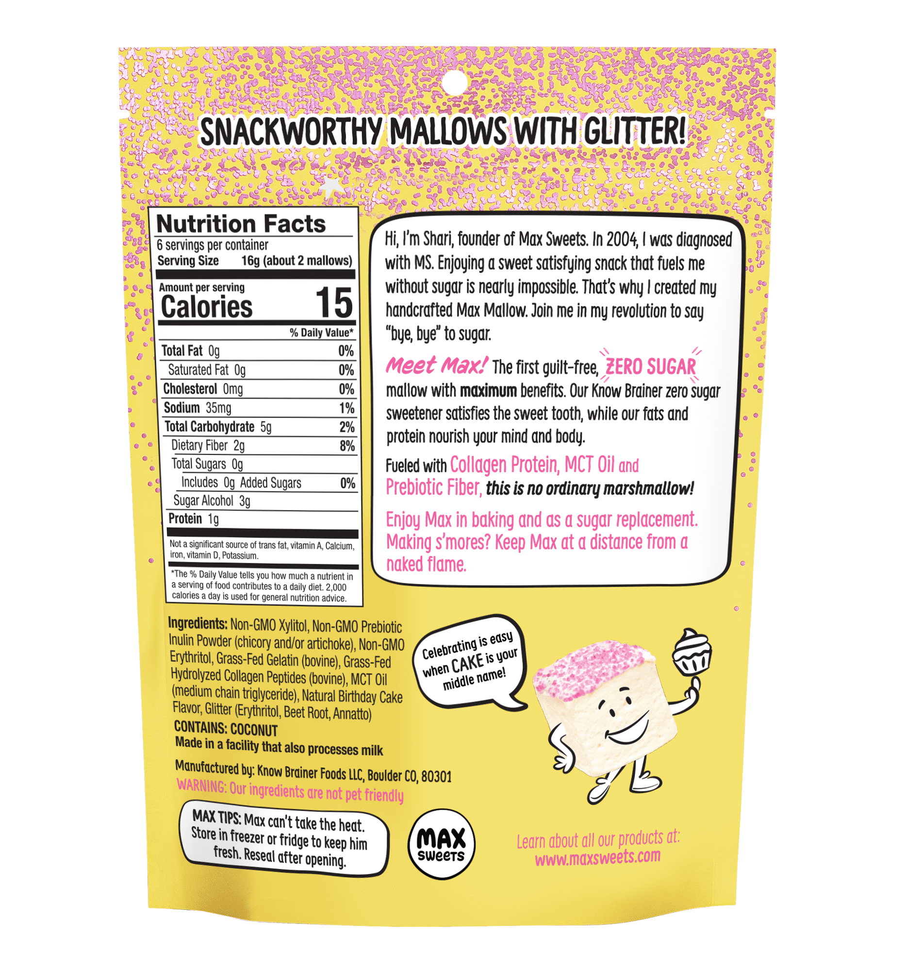 (3 pack) Know Brainer Max Mallow Birthday w Fun Glitter -Guilt-Free & Zero Sugar Marshmallows -Low Carb and Zero Fat