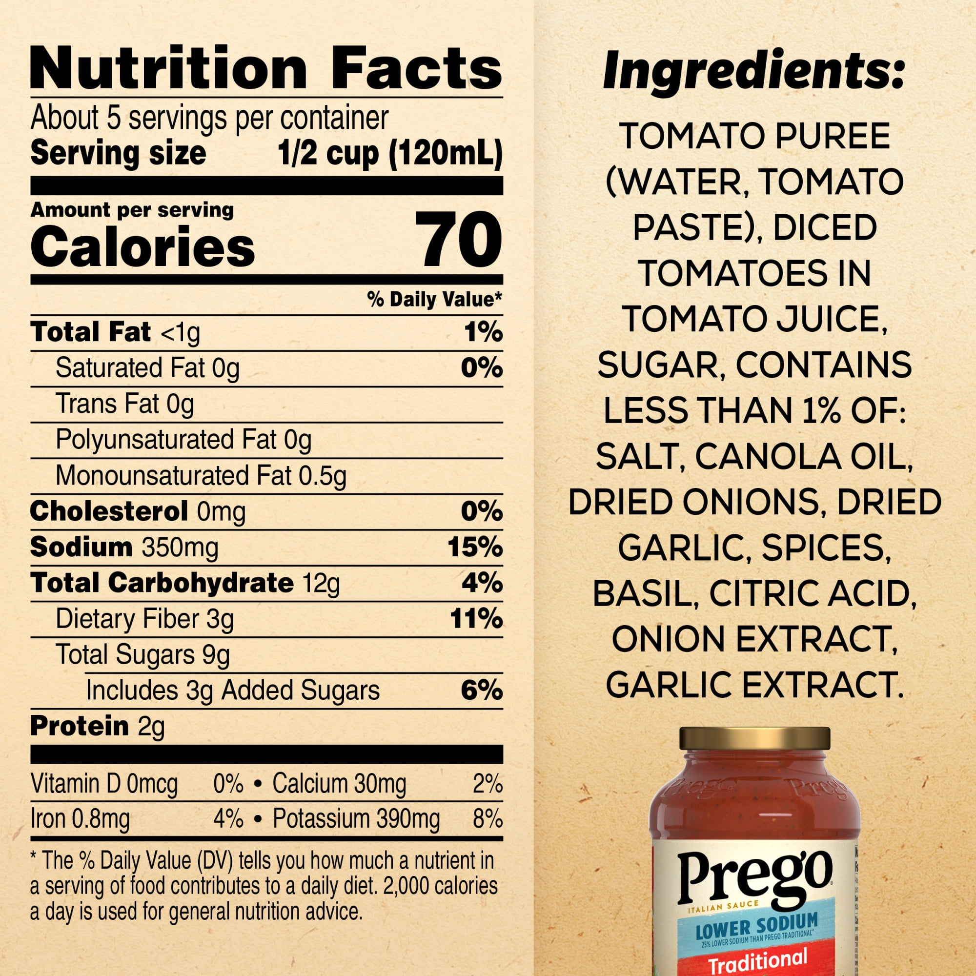 Prego Traditional Lower Sodium Pasta Sauce, 23.5 oz Jar