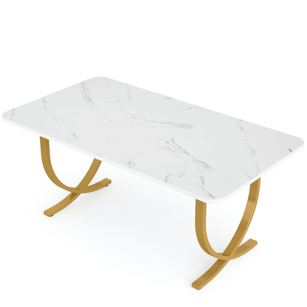 Topcobe 63" Executive Desk, Faux Marble Computer Desk Meeting Table, Indoor Modern Furniture for Living Room, Office, Game Room, White & Gold