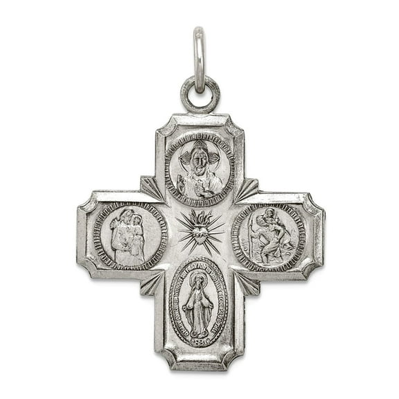 925 Sterling Silver Solid Satin Oxidized Not engraveable Four-Way Medal Charm 33x25mm Wide Pendant Necklace for Women