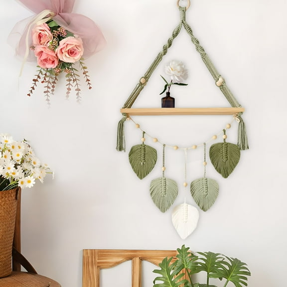LAMIRO Leaves Macrame Wall Hanging Photos Planter Rack Chic Bohemian Plant Shelf Storage Floating Shelf for Apartment