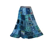 Mogul Womens Blue Ethnic Patchwork Long Skirt Printed Tiered Rayon Boho Style Elastic Waist Bohemian Skirts