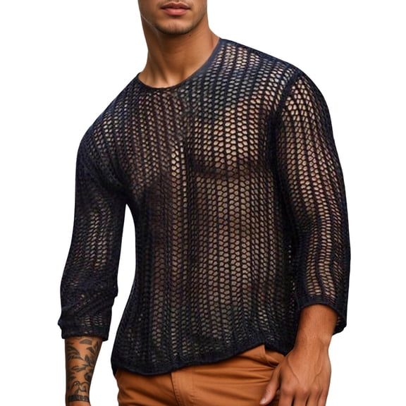 Men Mesh Long Sleeve T-Shirt Hollow Out See Through Fitted Muscle Top Clubwear Casual Streetwear Breathable Comfortable Men's Loose Fit Shirt Summer Oversized Button Tee