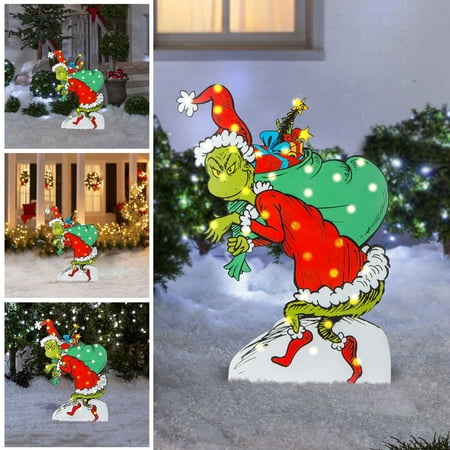 Clearance Grinch! G-rinch Christmas Decorations, 1PCS Yard Signs With Stakes, Sign For Xmas Garden Decor, G-rinch Stealing Christmas Decor Party Supplies DeWith Lamp String