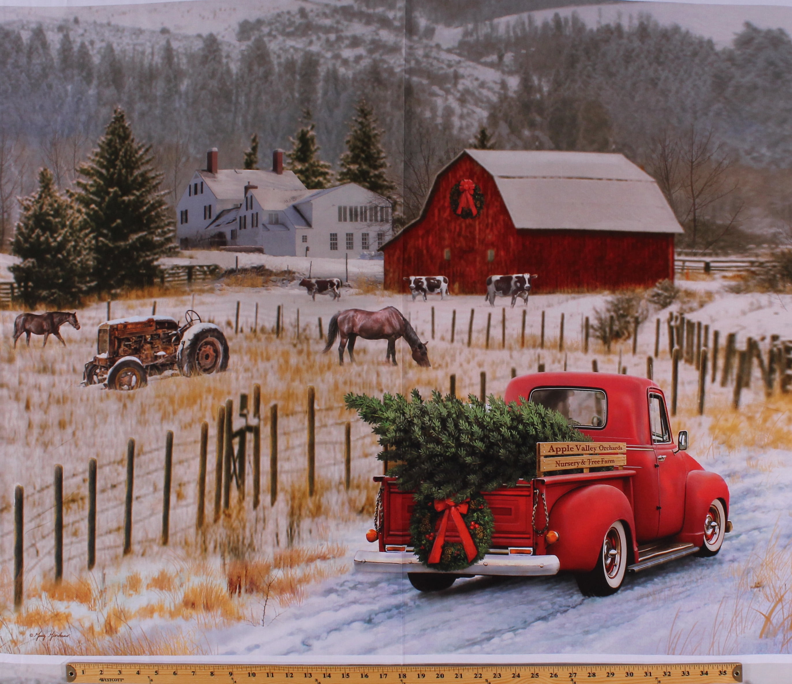 Red Truck Fabric Holiday Napkins Christmas Farm Fresh Set of 4 Country Log Cabin