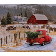 36" X 44" Panel Holiday Red Truck Christmas Tree Country Farm House Winter Scene Red Barn Tractor Horses Christmas Memories Cotton Fabric Panel (P8691-COUNTRY)