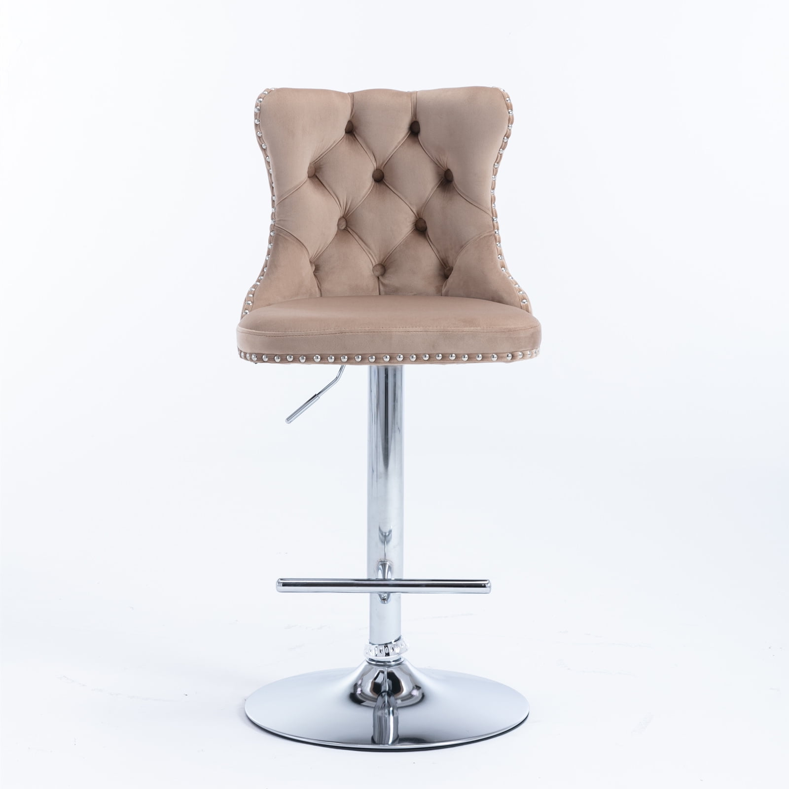 Swivel Bar Chairs Height Adjustable Upholstered Velvet Bar Stools Chrome base with Tufted Back for Home Pub and Kitchen Island Dining Room(Khaki,Set of 4)