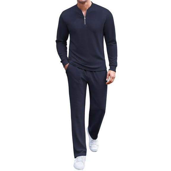 COOFANDY Men's Quarter Zip Polo Sweatsuit Polo 2 Piece Set Jogging Outfits Tracksuit Athletic Pants and Long Sleeve Casual Sports Set