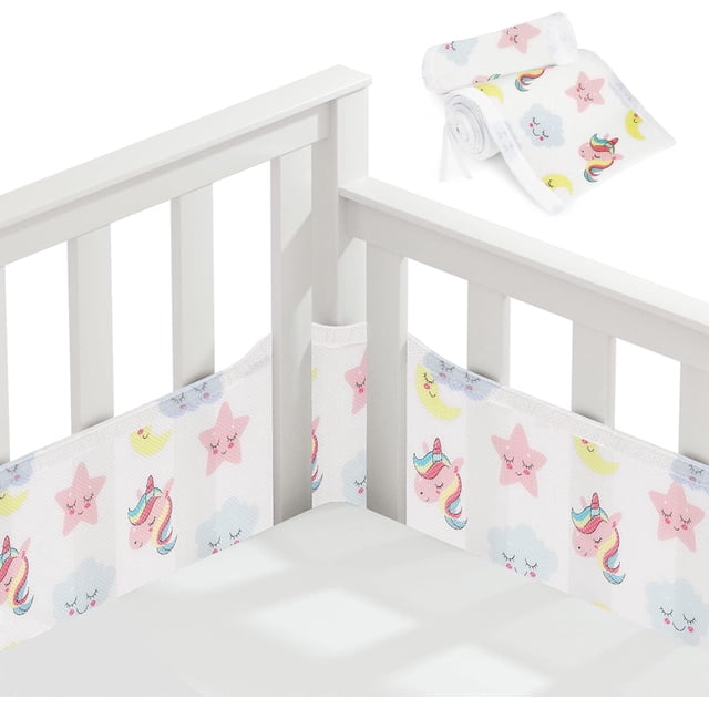 Parachoques para cuna de bebé, parachoques para cuna transpirable con forro de malla antiflujo de aire, para recién nacidos, unicornio blanco