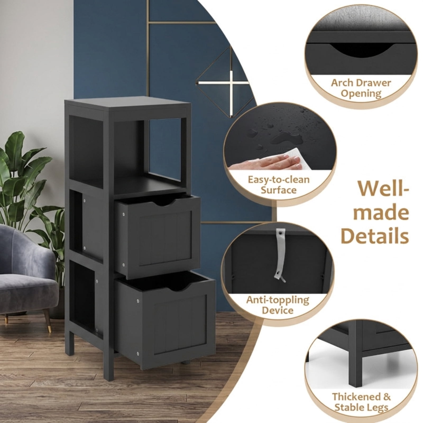 Vebreda Freestanding Bathroom Storage Cabinet, Freestanding Storage Cabinet with 2 Removable Drawers for Bathroom, Extra Anti-Toppling Mechanism