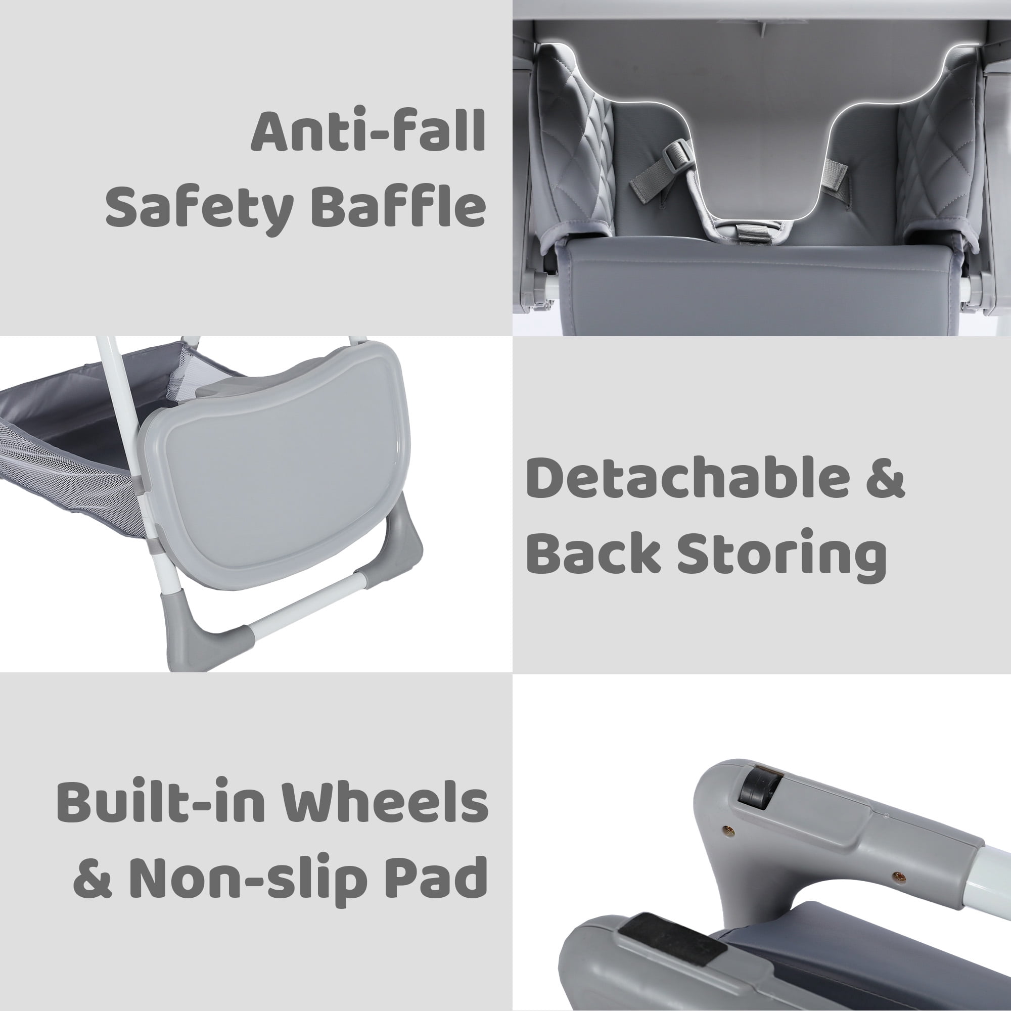 AILEEKISS Foldable Baby High Chair with Wheels, Adjustable Recline Toddler Eating Chair, Grey