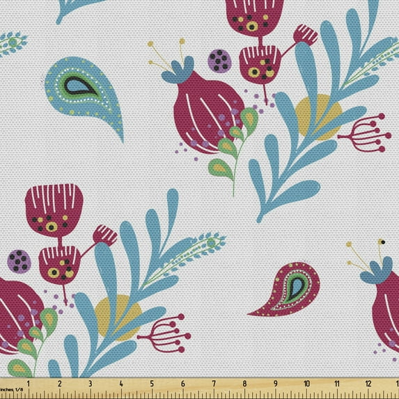 Oriental Fabric by the Yard, Colorful Flowers and Paisley Inspired Motifs, Upholstery Fabric for Dining Chairs Home Decor Accents, Pale Grey Multicolor by Ambesonne