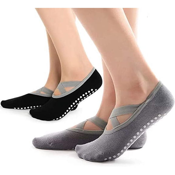 Hually Yoga Socks, 2 Pairs Yoga Pilates Socks for Women with Grips & Straps, Easy to Put On, Cotton Pilates Socks for Pilates, Barre, Ballet, Dance, Barefoot Workout (Black & Grey)