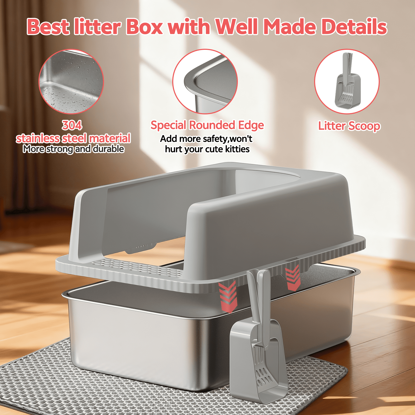 XL Stainless Steel Litter Box,23.5"×15.5"×12" High Sided Cat Litter Box Metal Litter Pan with Lid Extra Large Litter Box with Scoop, Dark Gray