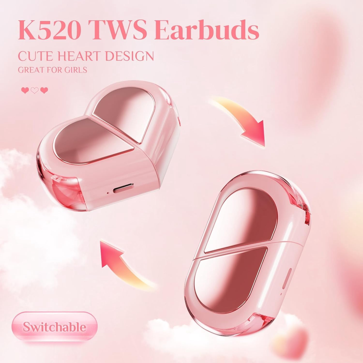 Pink Heart Wireless Earbuds for Girls Kids, Cute Small Mini Tiny Invisible Earbuds Wireless Bluetooth for Small Ears Canals Women Rose Gold Kawai Blue Tooth Ear Buds for iPhone Android, Pink