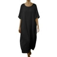 thumbnail image 2 of XUNKUSGA Womens Dresses Classic Cotton Linen Maxi Dress Solid Color Crewneck Short Sleeve Holiday Dress for Beach Casual Loose Sundresses for Women S-2XL,Black, 2 of 5