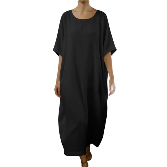 Levmjia Womens Dress Solid Color Short Sleeve Casual Round Neck Cotton Linen Long Dress Comfortable Stylish Polyester Daily Vacation Party Spring Summer