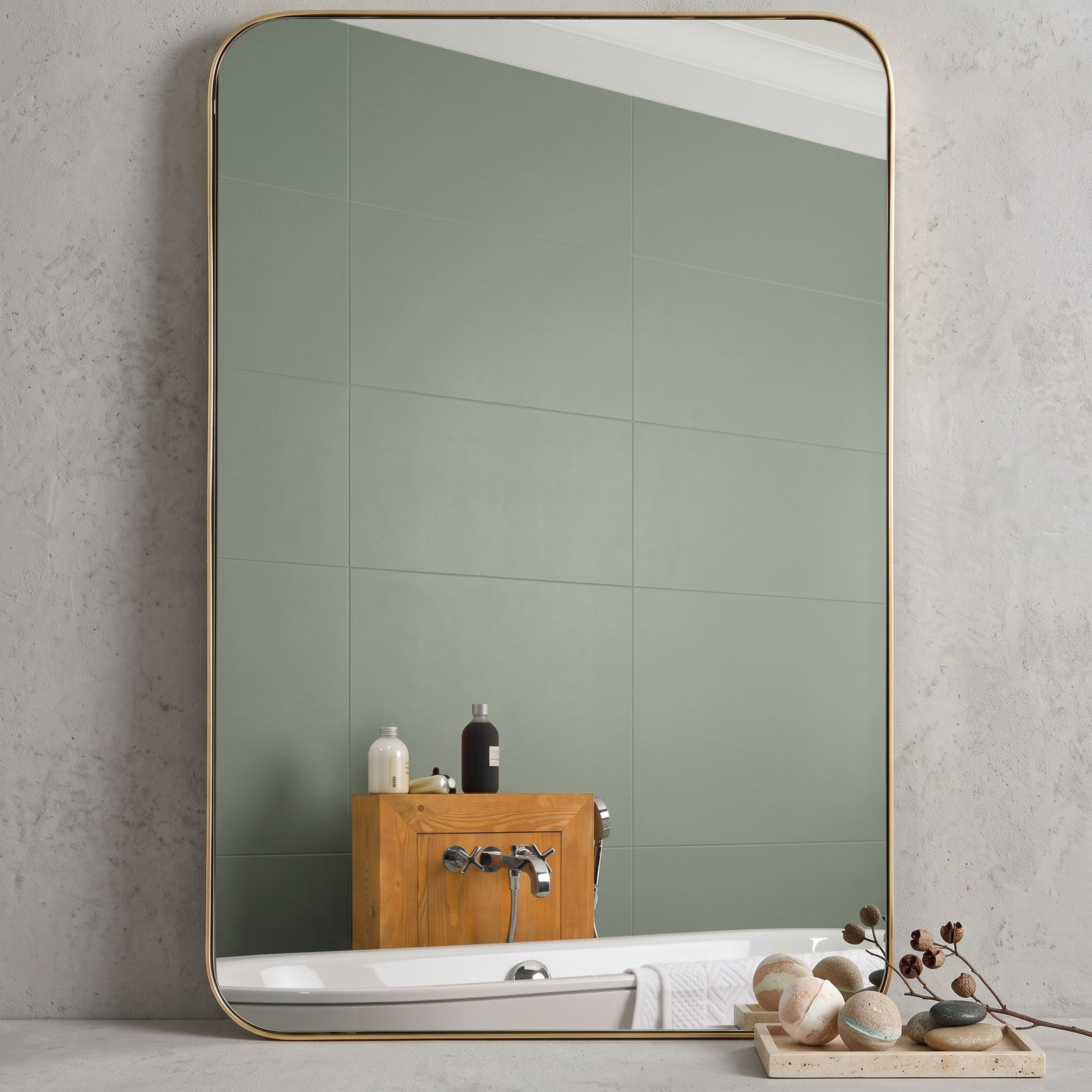 ALPULON 32 x 20 Inch Metal Frame Rectangle Wall Mirror, Wall-Mounted Bathroom Vanity Mirror with Explosion-Proof HD Glass for Entryway Living Room Bedroom Hallway, Gold