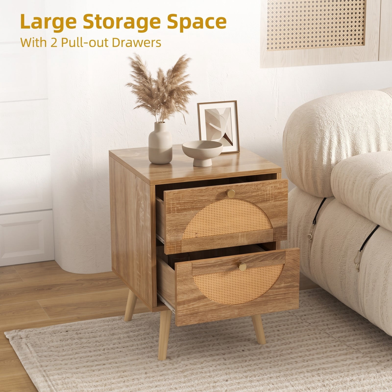 Furnibear Set of 2 Rattan Nightstands with 2 Drawers and Raised Solid Wood Legs for Bedroom Living Room and Guest Room, Natural