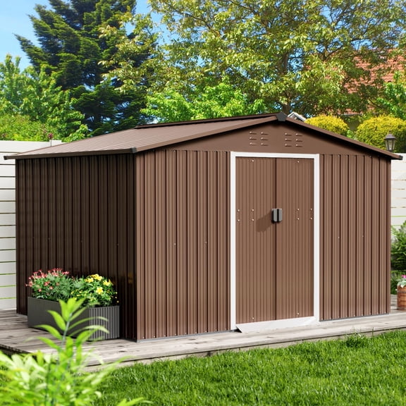 Danolapsi 10x10 ft Outdoor Storage Shed,Large Galvanized Steel Metal Sheds & Outdoor Storage with Pitched Roof, Lockable Door and Gable Vents,for Backyard,Garden,Patio,Lawn（ship in 2 boxes）