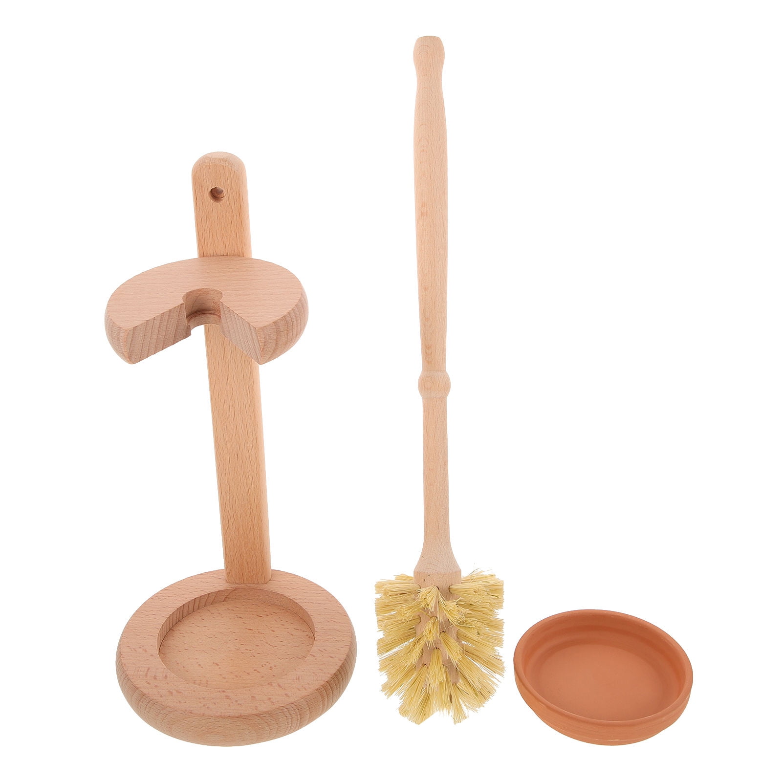 WEUVEB Toilet Brush Set with Khaki Wood Handle and Ceramic Holder, Bathroom Cleaning Tool for Easy Toilet Maintenance