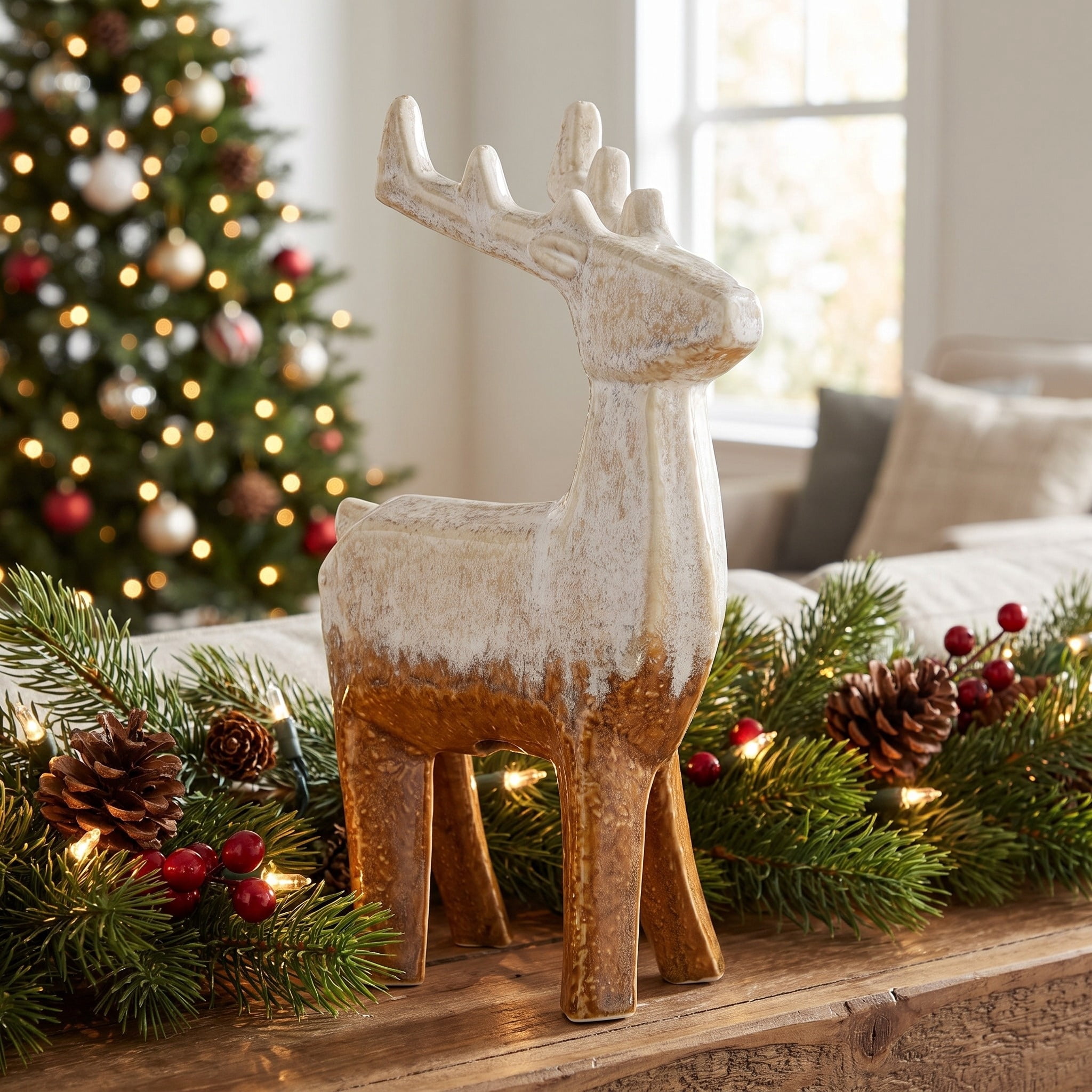 Large Ceramic Standing Deer Christmas Decoration, Cream and Brown, 9", by Holiday Time