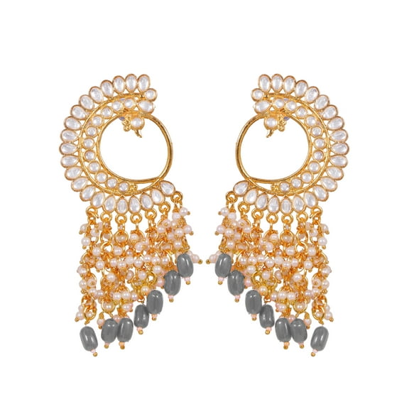 CrunchyFashion Indian Traditional Jewelry- Ethnic Bridal Bride Wedding Bridesmaid Antique Gold Kundan Crystal Studded Peacock shaped Grey Pearl Dangle Earrings Set For Women