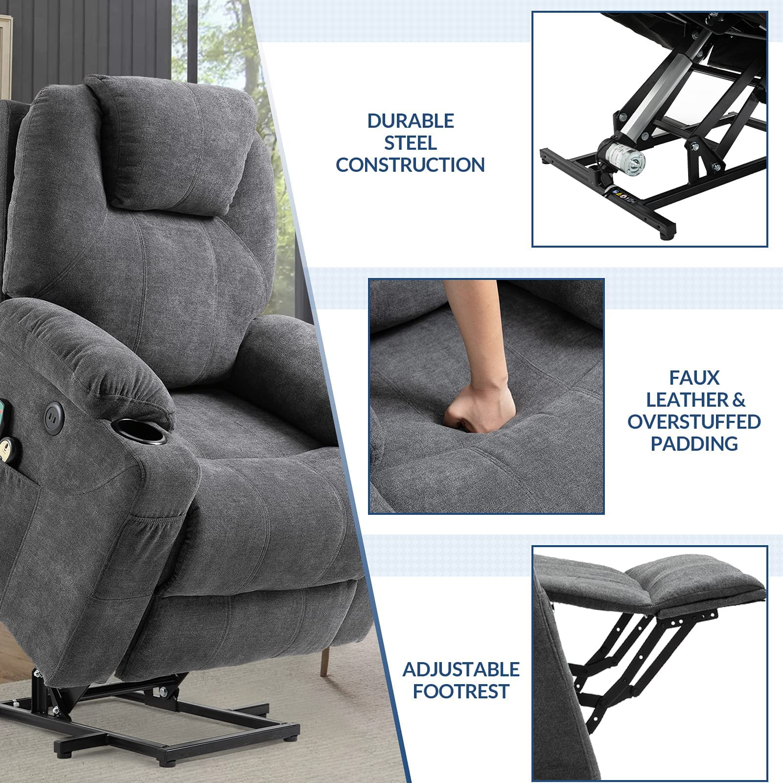 SOCIALCOMFY Power Lift Recliner Chair for Elderly, Heavy Duty Lift Chair with Heat and Massage, Soft Fabric Recliner Chair with 2 Remote Controls, Cup Holders, Side Pockets & USB Ports (Grey)