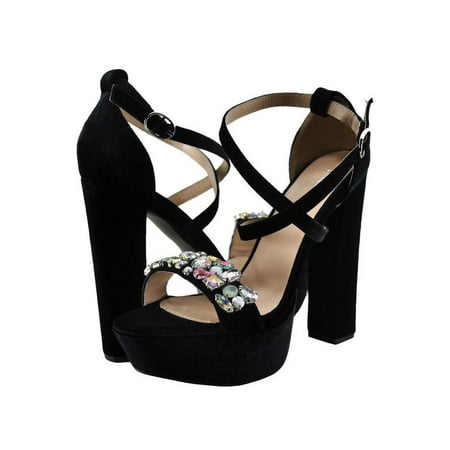 Strappy Jewel - Qupid Beat 100 Women's Shoes Strappy Gem Embellished Open Toe Heel Black