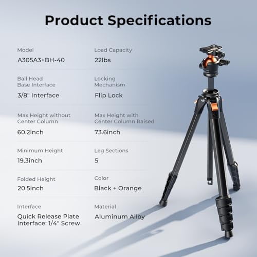K&F CONCEPT 73" Aluminum Compact Camera Tripod, Portable Travel Tripod Compatible with iPhone, 22 lbs Capacity Arca Swiss Ball Head for DSLR Mirrorless, Laser Level, Hunting