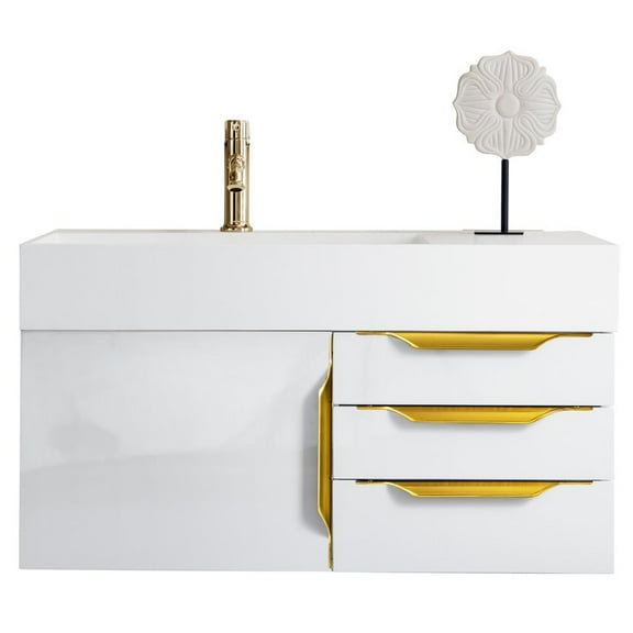 James Martin Vanities 36" Single Wall Mount Vanity, Glossy White, Radiant Gold w/ Glossy White Top