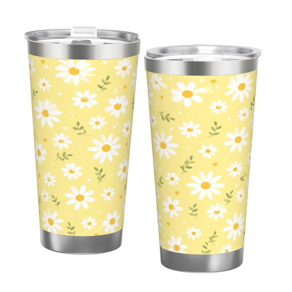 20oz Yellow Daisy Floral Tumbler with Handle and Straw Insulated Travel Coffee Cup Gift with Double Silver Rim