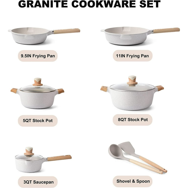 Pots and Pans Set, iMounTEK Nonstick Induction Kitchen Cookware Sets, White  Granite Coating Dishwasher Safe, Frying Pans, Saucepans, Stockpot with  Removable Handle (White) 