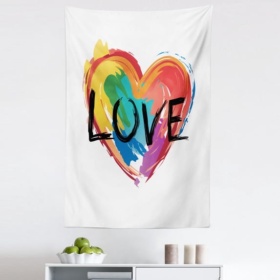Rainbow Tapestry, Brush Painted Pride Heart LGBT Plain Background, Fabric Wall Hanging Decor for Bedroom Living Room Dorm, 5 Sizes, Multicolor, by Ambesonne