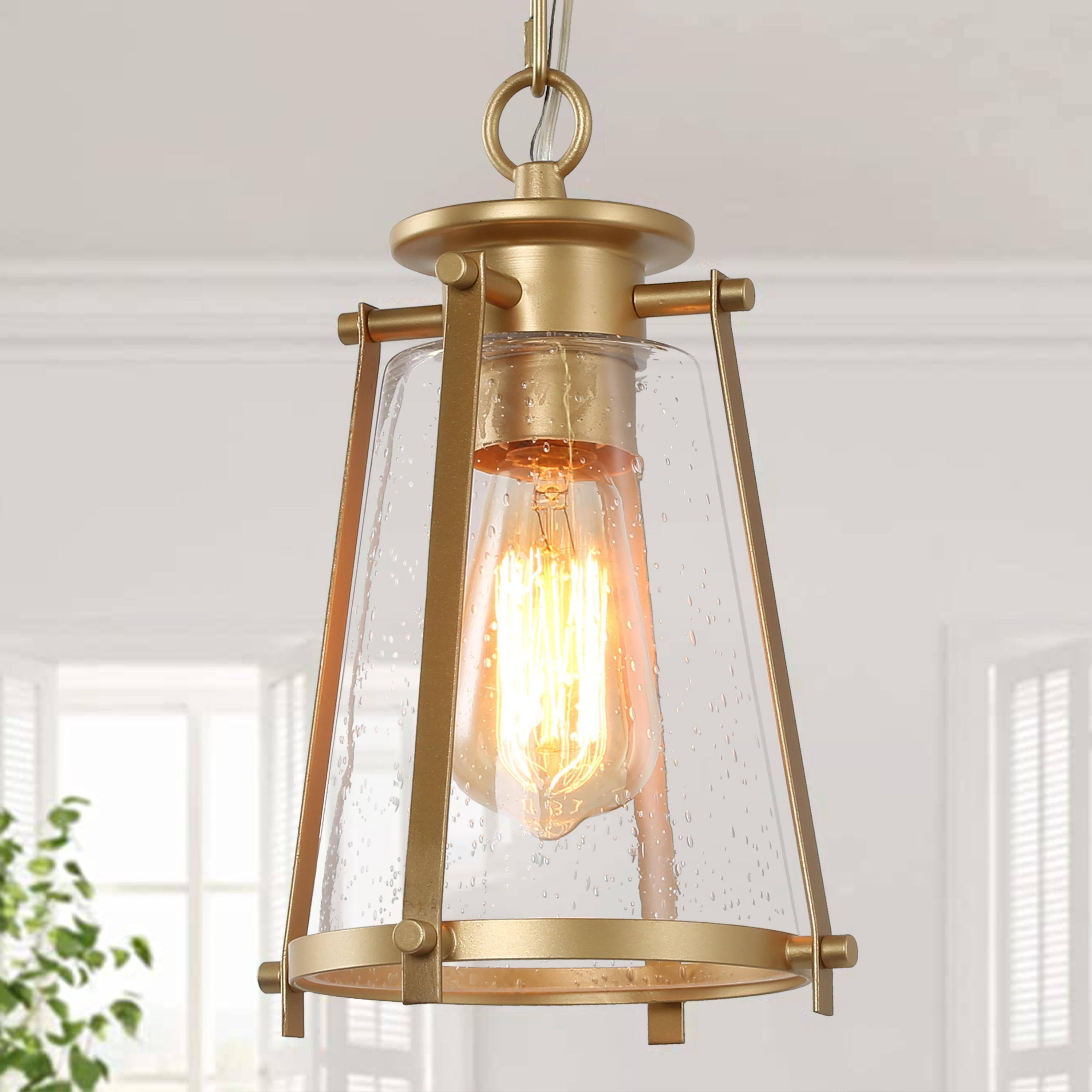 LNC 1-Light Matte Gold Cone Mini Pendant with Clear Seeded Glass for Kitchen or Bar
