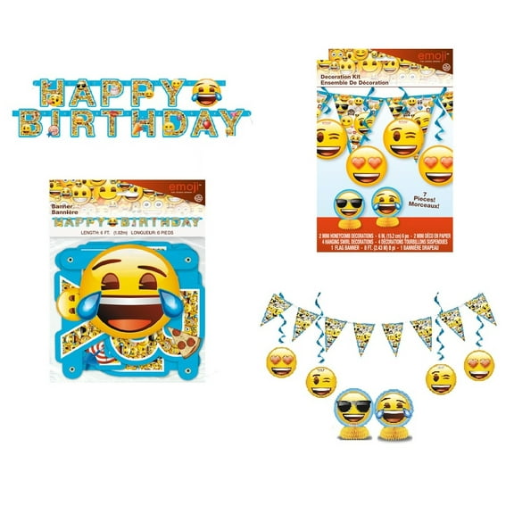 Emoji Birthday Party Supplies Bundle Includes 1 Happy Birthday Banner, 7 Piece Decoration Kit includes 2 Hanging Swirl Decoration, 2 Table Decoration, 1 Flag Banner 8ft, 1 Dinosaur Sticker Sheet