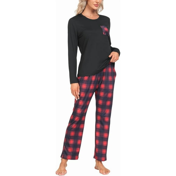 MoFiz Women's Pajamas Set Soft Plaid Pants & Long Sleeve Tops 2 Piece Sleep Loungewear Sets Cozy Pjs for Women with Pockets