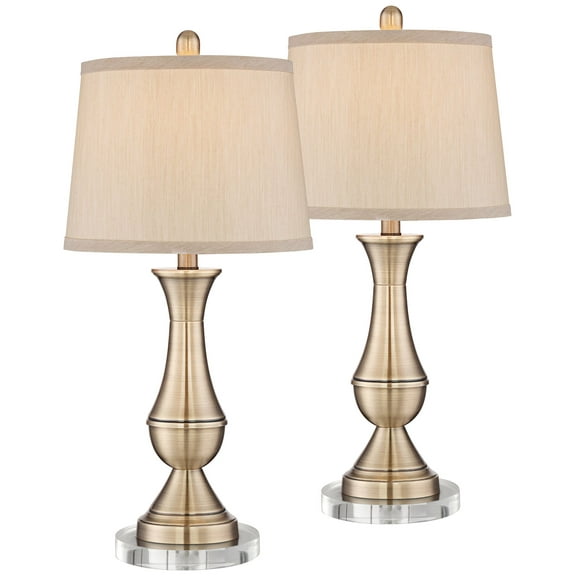 Regency Hill Becky Traditional Table Lamps Set of 2 with Round Risers 25 3/4" High Antique Brass Beige Drum Shade for Bedroom Living Room House Home