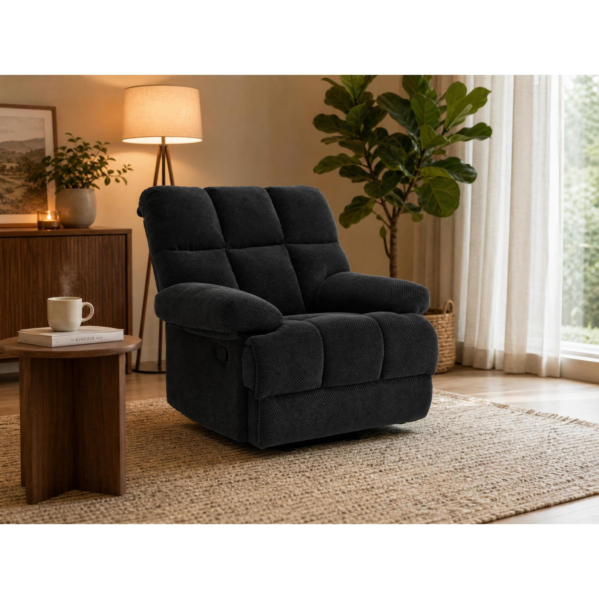 Leumius Recliner Chair,Overstuffed Manual Rocker Recliner Chair with added Footrest,Reclining Chair Single Sofa Ergonomic Lounge Chair Home Theater Seating for Living Room Bedroom,Dark Gray