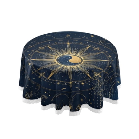 60 Inch Round Tablecloth with White Lace Trim Fall Table Cover for Elegant Dining Decor Mysterious Celestial Pattern