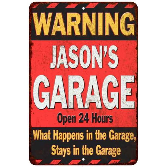 JASON'S Garage Warning Man Cave Wall Decor 8 x 12 High Gloss Metal 208120030027