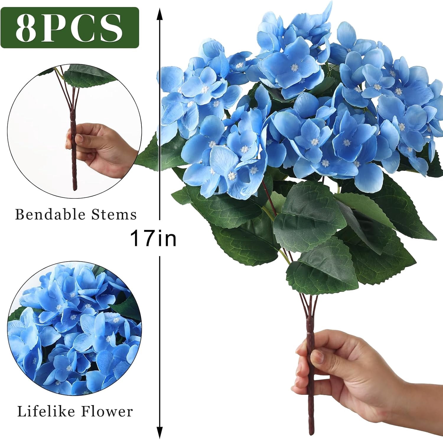 8 Bundles Artificial Hydrangea Flowers for Outdoor Decor, Realistic Faux Silk Bouquets Sun-Resistant Fake Plants for Front Door Balcony Farmhouse Garden Home Spring Summer Decor (Blue)
