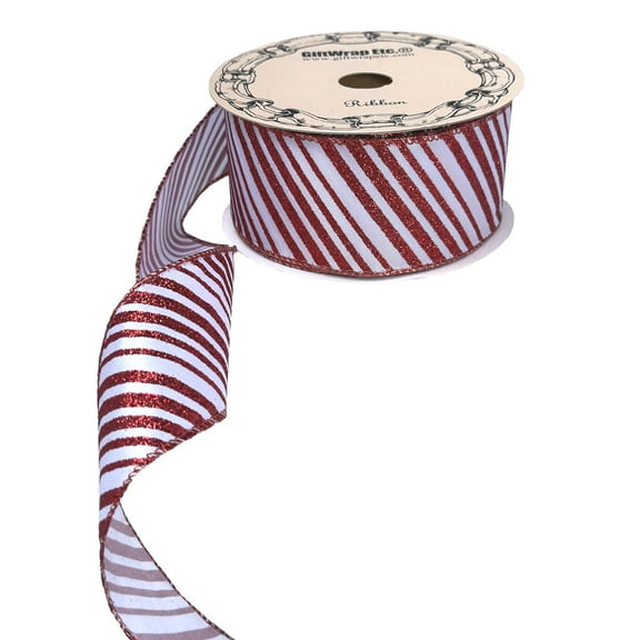 Red Glitter Stripes Christmas Ribbon - 2 1/2" x 20 Yards, Wired Edge, Red White Candy Cane, Wreath, Garland, Gift Wrapping, Bows